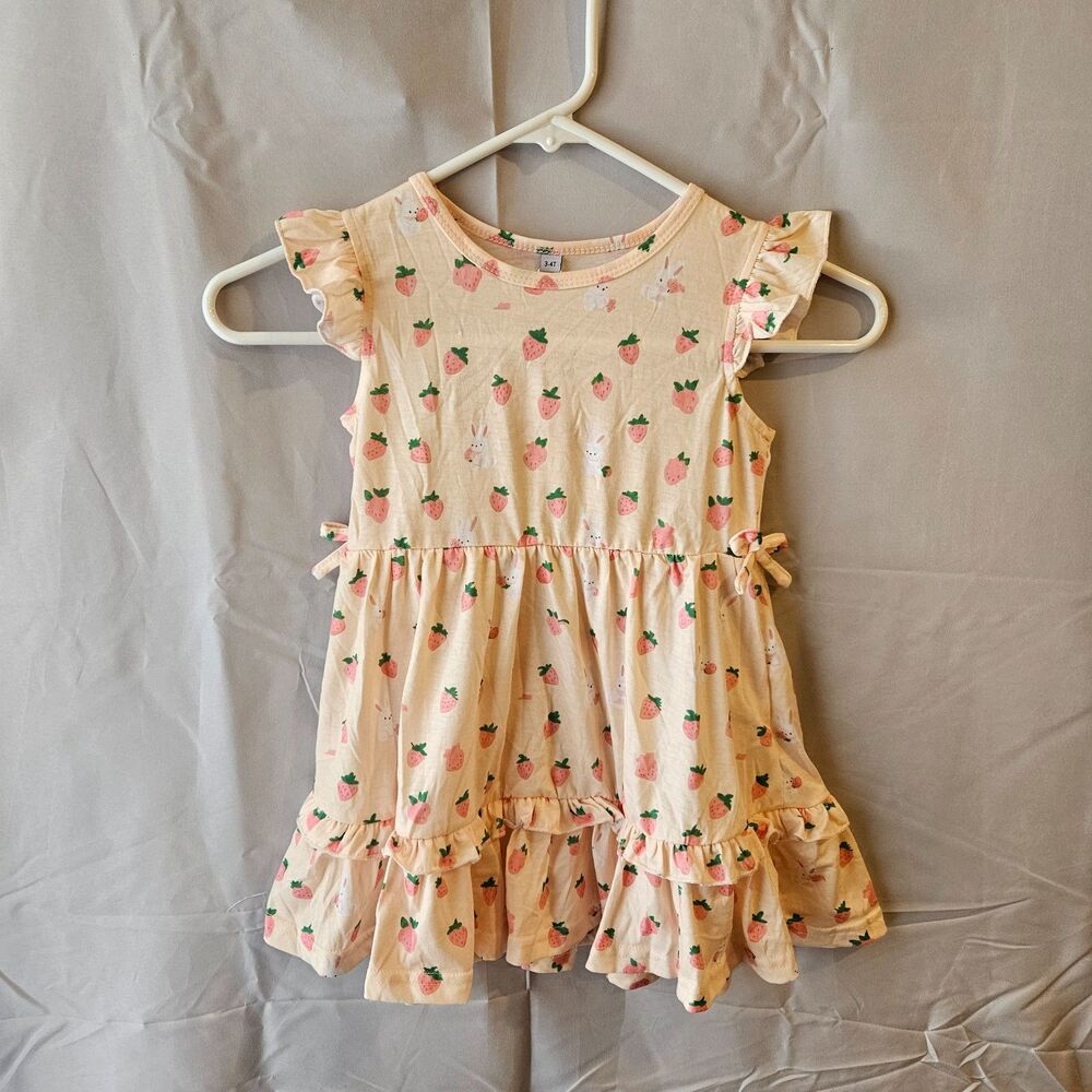 Buttery Strawberry & Bunny Babydoll Dress 3-4T Flutter Sleeves Ruffled Skirt